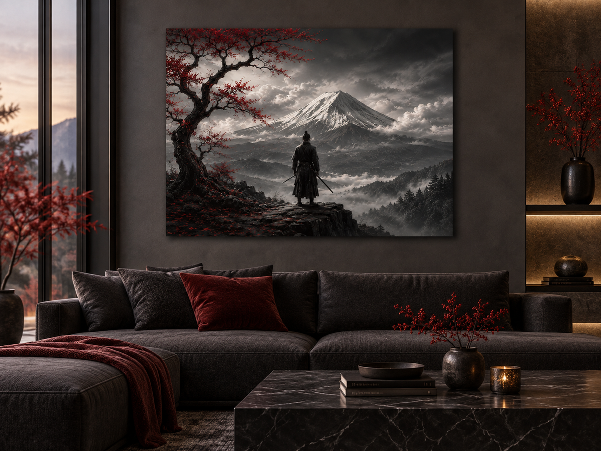 Samurai vor dem Fuji in Schwarz-Weiß – Alu-Dibond Bild