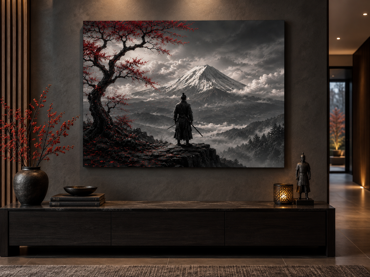 Samurai vor dem Fuji in Schwarz-Weiß – Alu-Dibond Bild