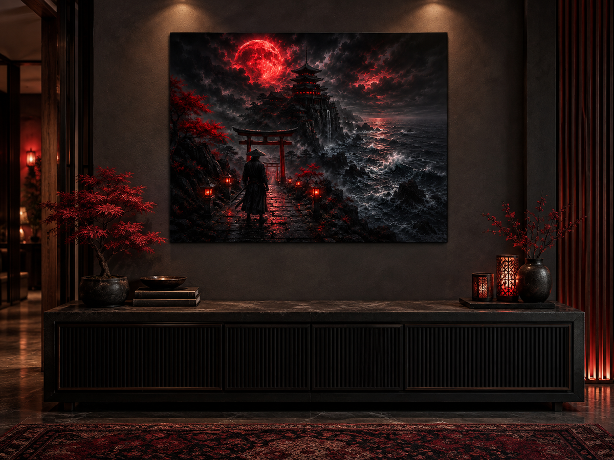 Samurai vor dem Torii im Blutmond – Alu-Dibond Wandbild