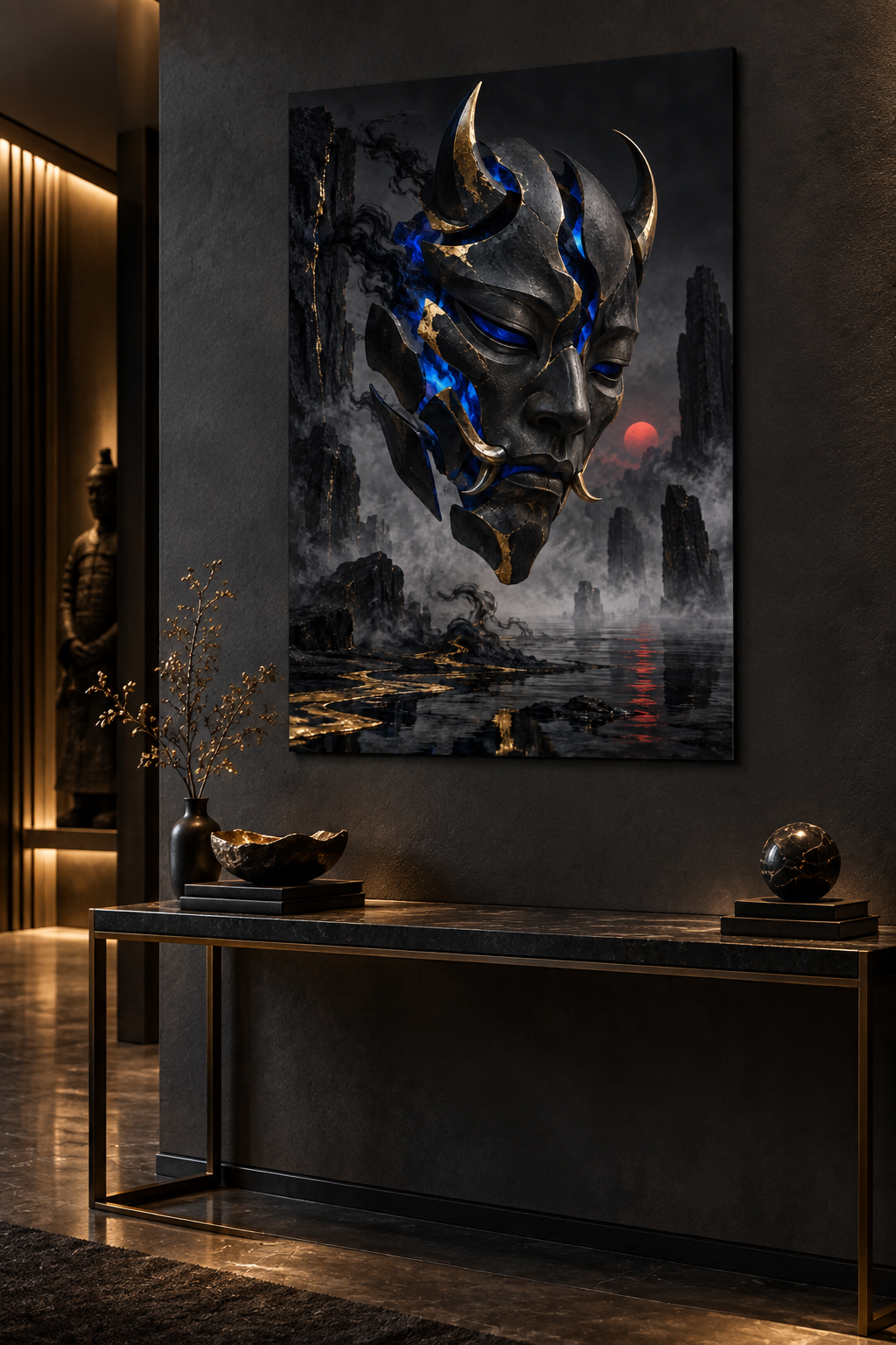 Oni-Maske mit blauer Flamme – Alu-Dibond Wandbild Hochformat