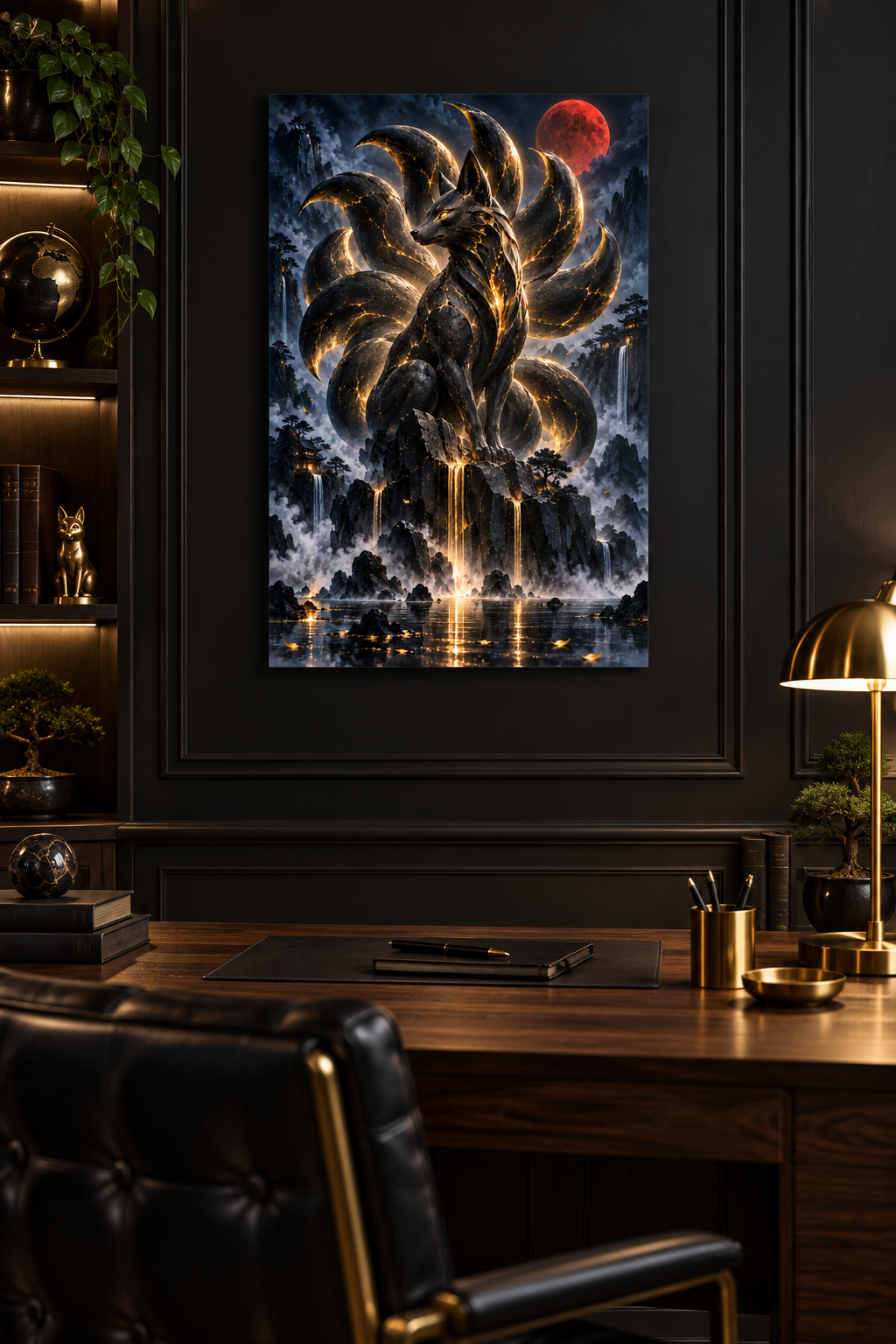 Kitsune und Blutmond – Alu-Dibond Wandbild Hochformat