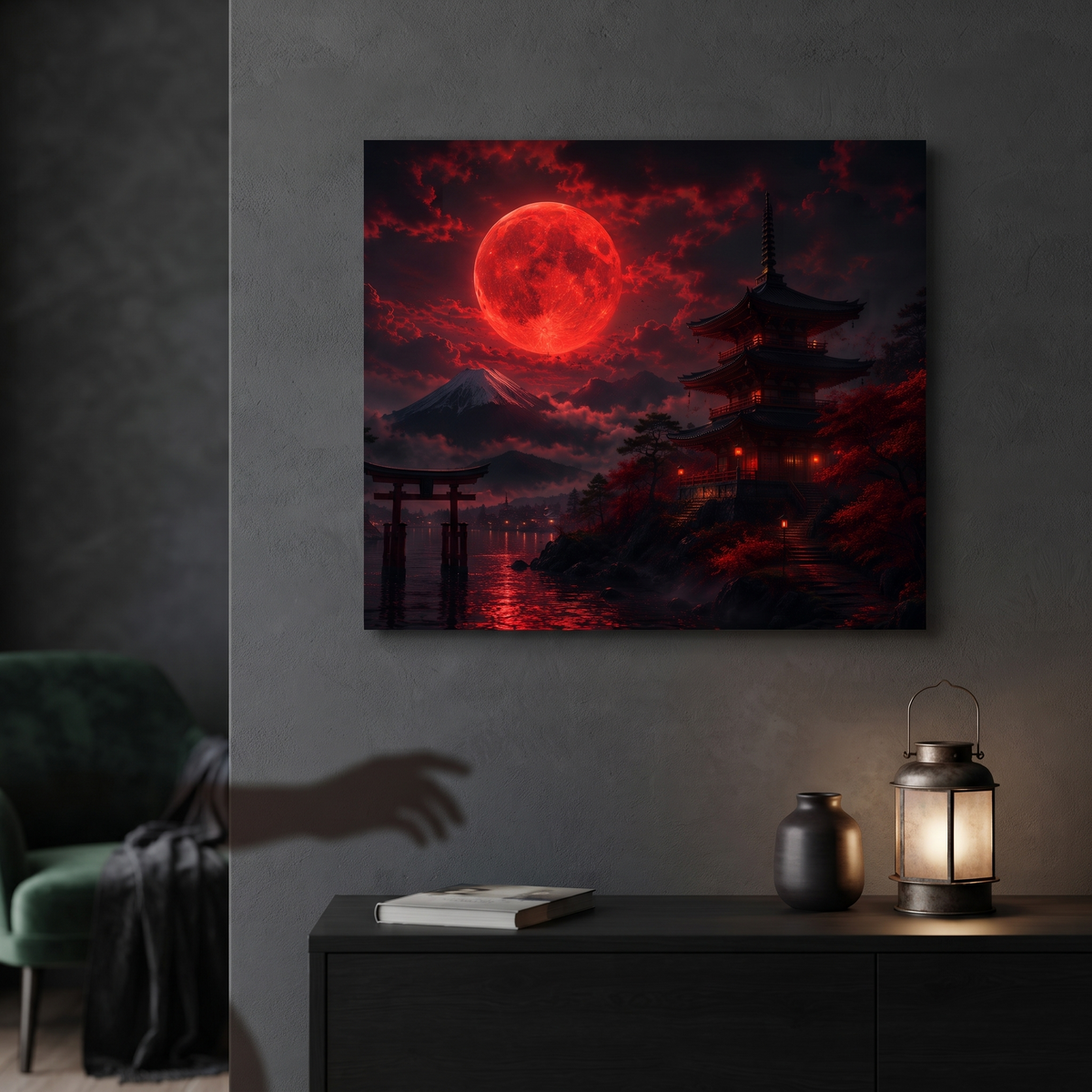 Japanischer Tempel mit Torii und Blutmond | Alu-Dibond