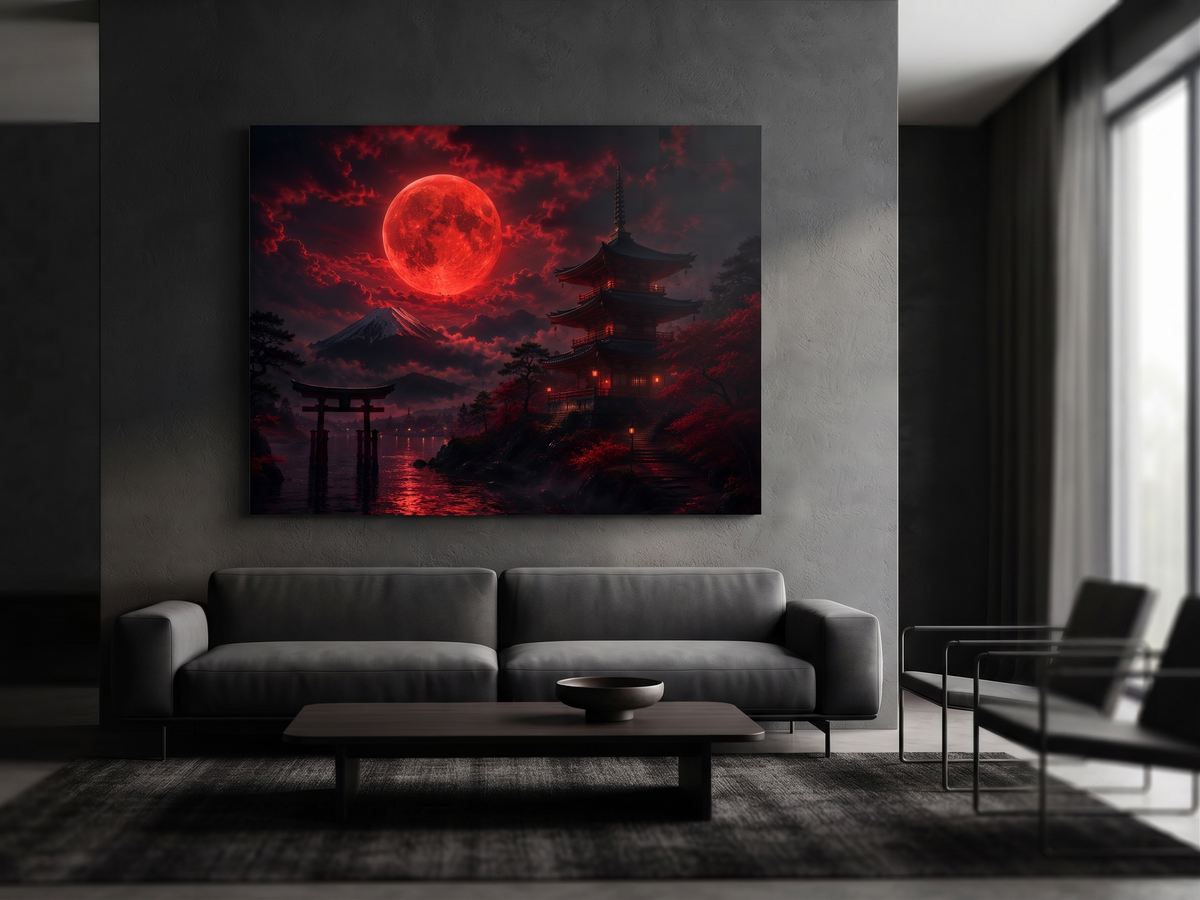Japanischer Tempel mit Torii und Blutmond | Alu-Dibond