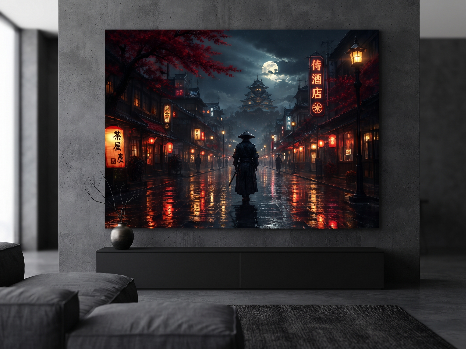 Japanischer Tempel bei Nacht | Blutmond Alu-Dibond Wandbild