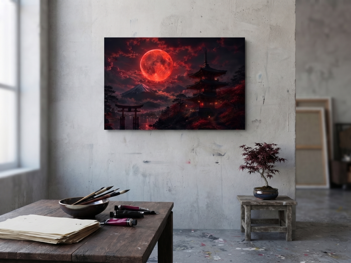 Japanischer Tempel mit Torii und Blutmond | Alu-Dibond