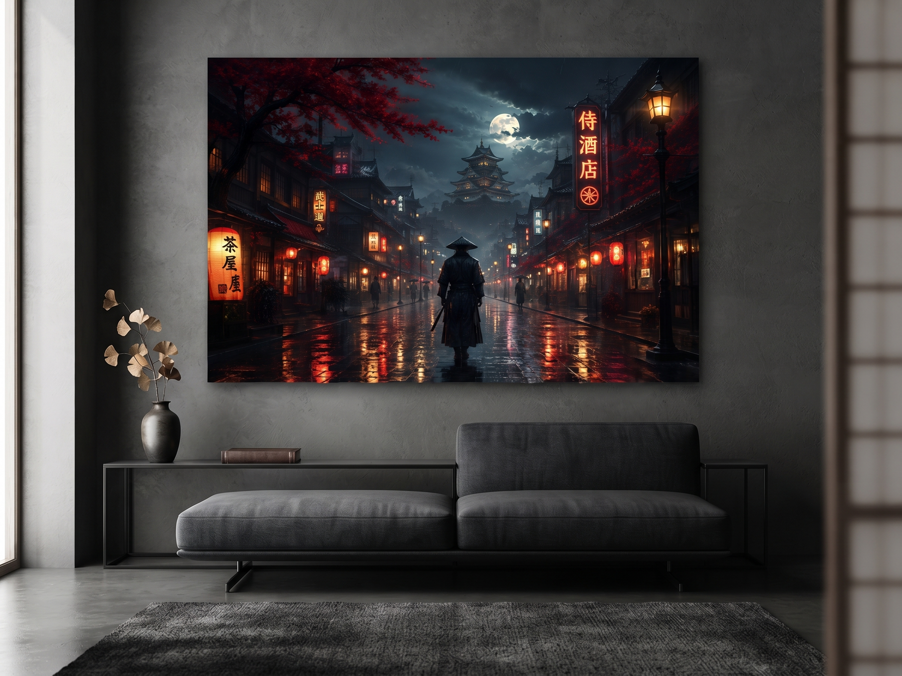 Japanischer Tempel bei Nacht | Blutmond Alu-Dibond Wandbild