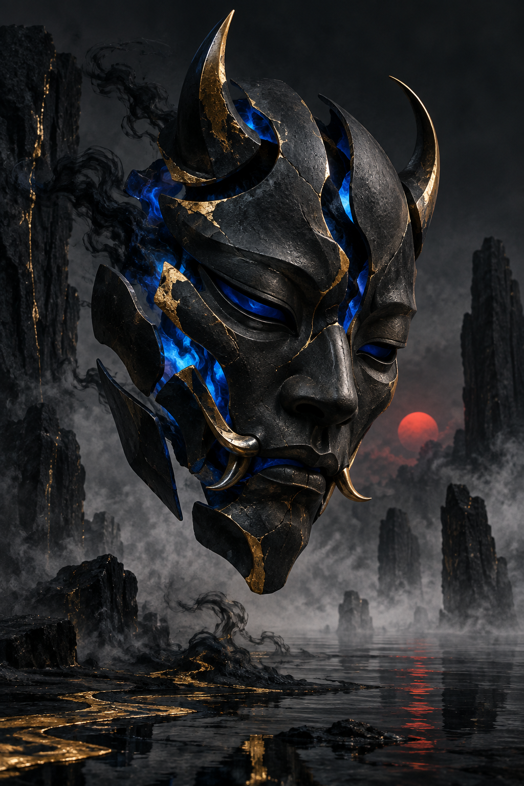 Oni-Maske mit blauer Flamme – Alu-Dibond Wandbild Hochformat
