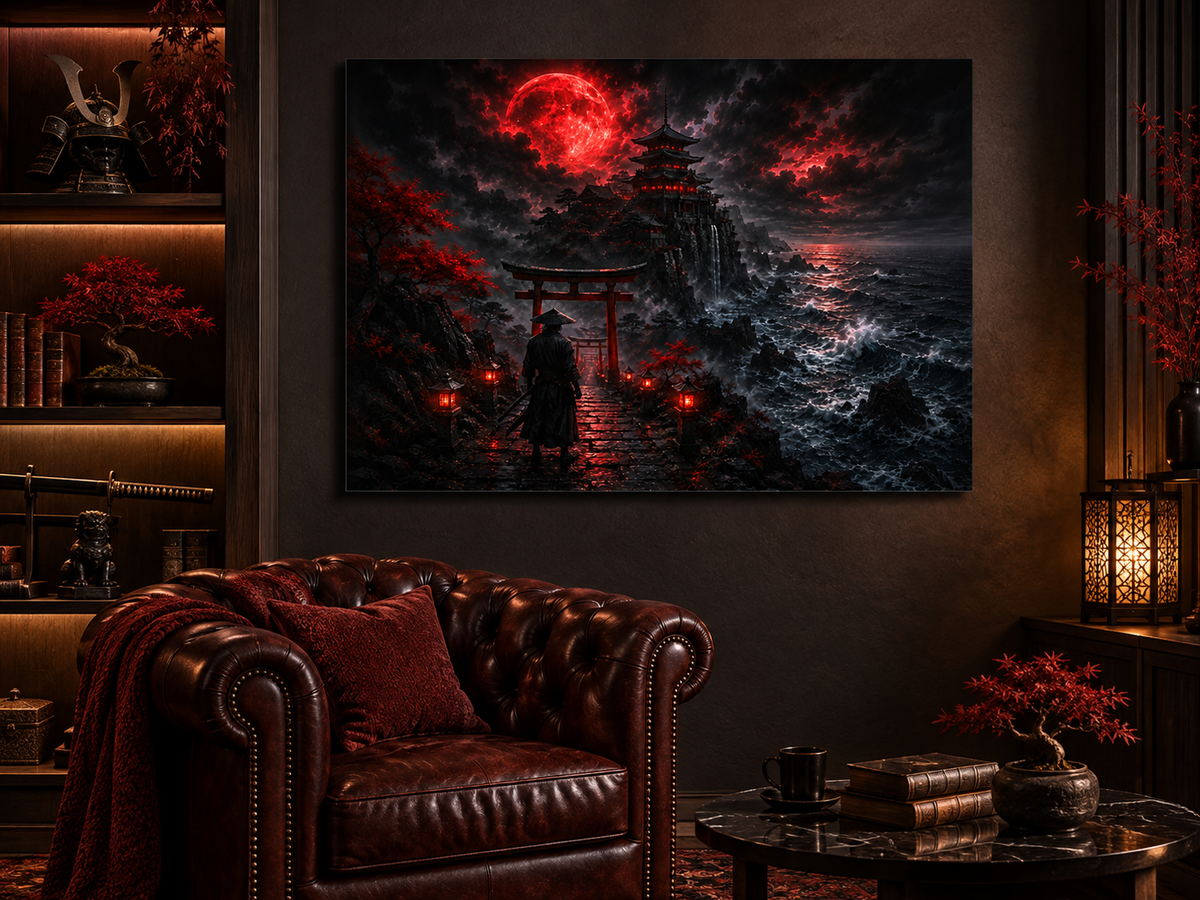 Samurai vor dem Torii im Blutmond – Alu-Dibond Wandbild