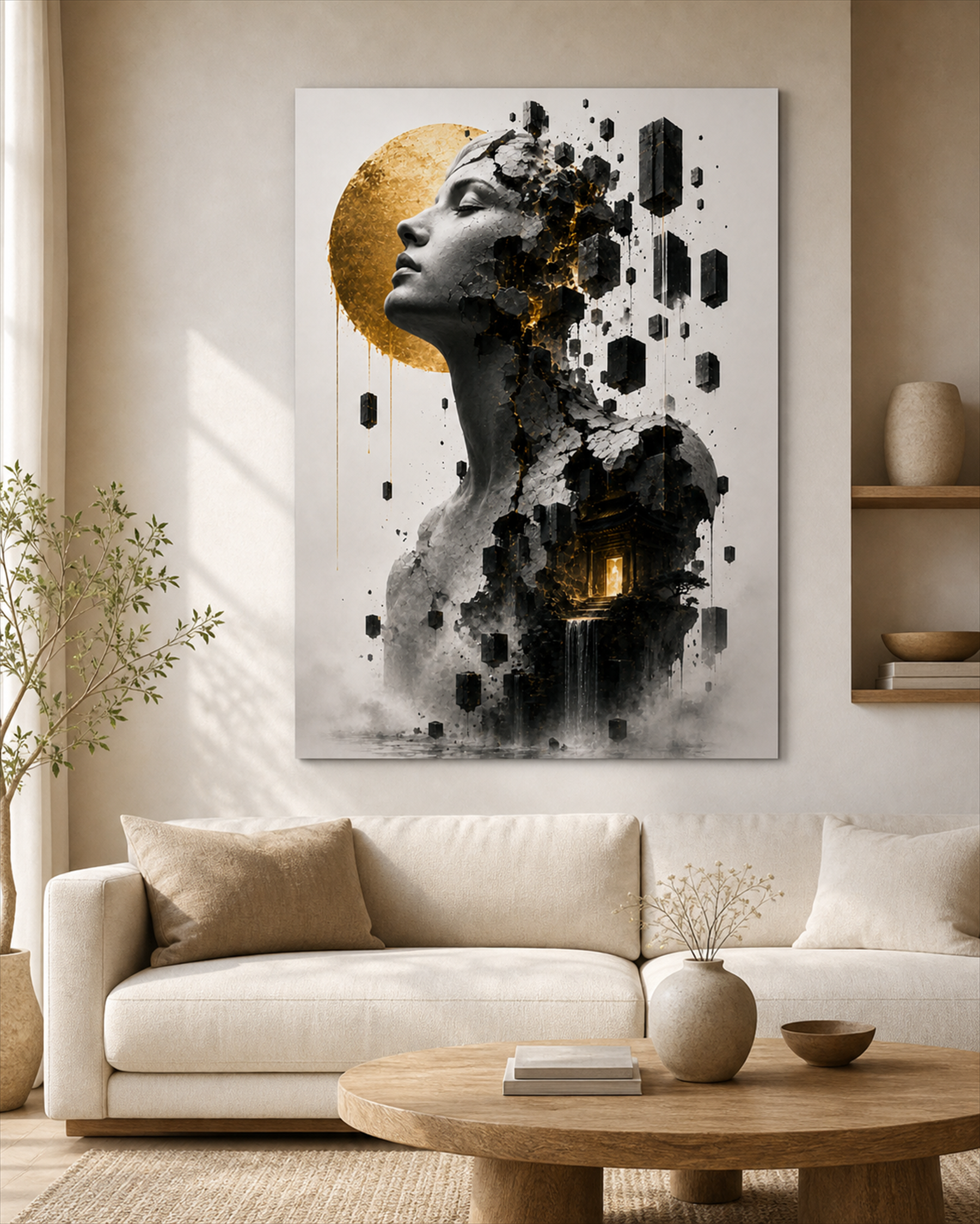 Kintsugi Frau mit japanischem Tempel | Alu-Dibond Wandbild