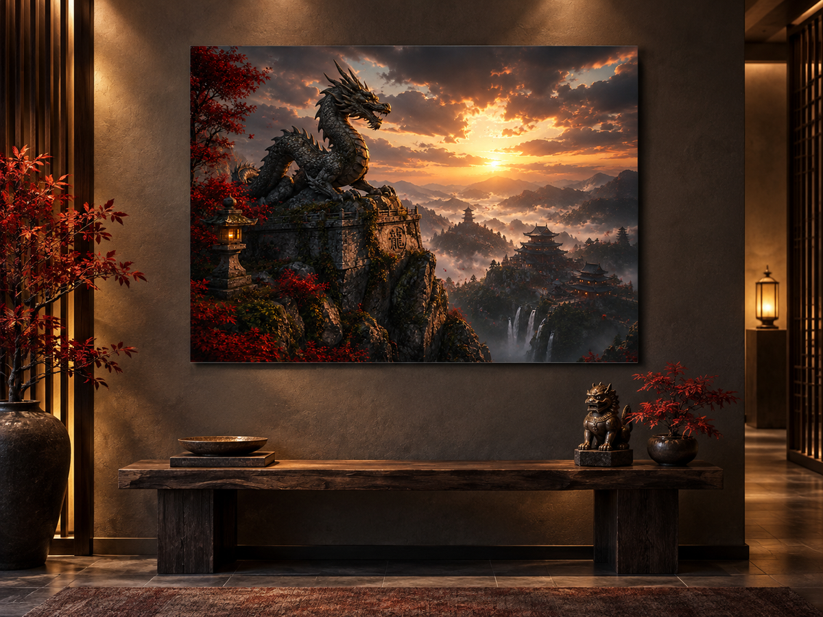 Drachenstatue über dem Wolkental – Alu-Dibond Wandbild