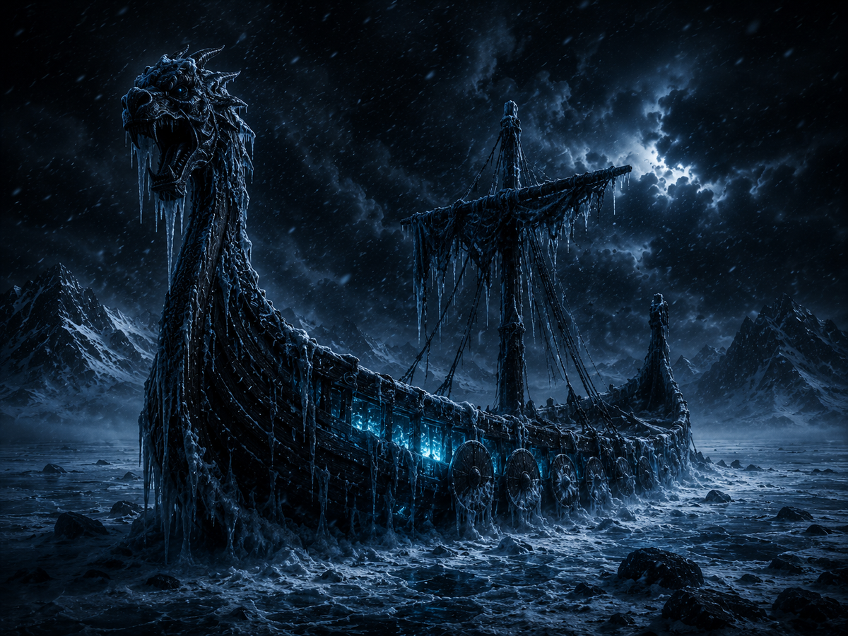 Vereistes Drachenschiff im Eismeer – Alu-Dibond Wandbild