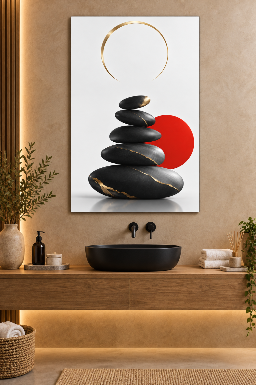 Zen-Steine mit Kintsugi vor rotem Kreis – Alu-Dibond Bild
