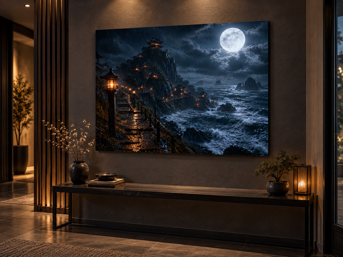 Klosterstadt am Meer bei Vollmond – Alu-Dibond Wandbild