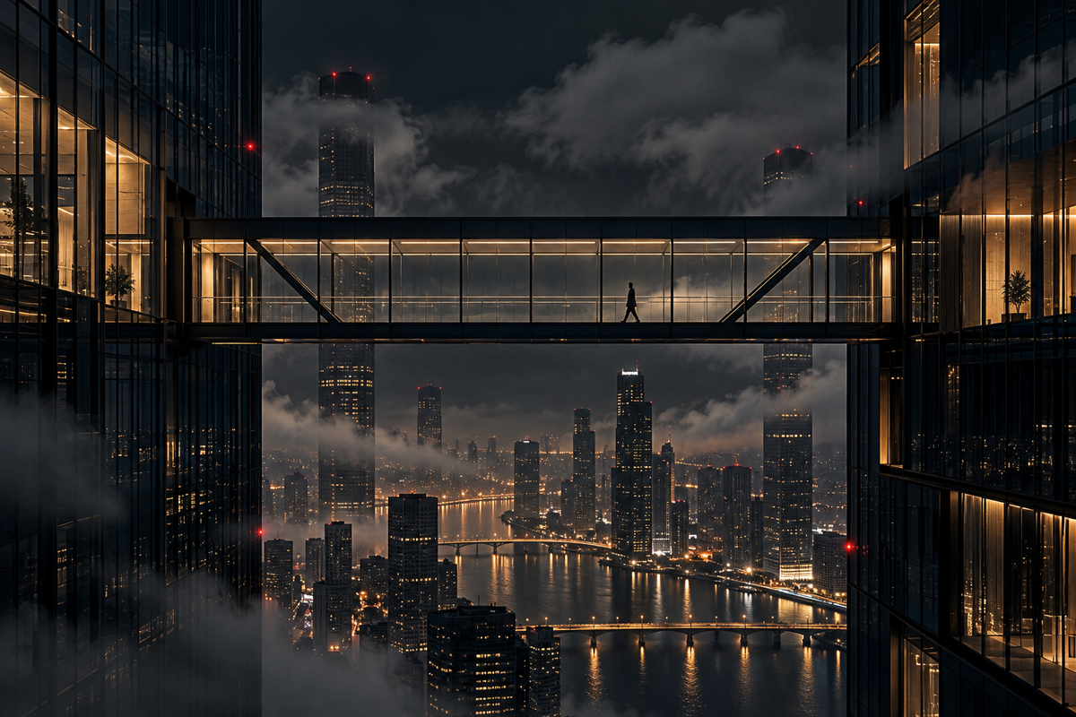 Glasbrücke über der Nachtstadt – Alu-Dibond Wandbild
