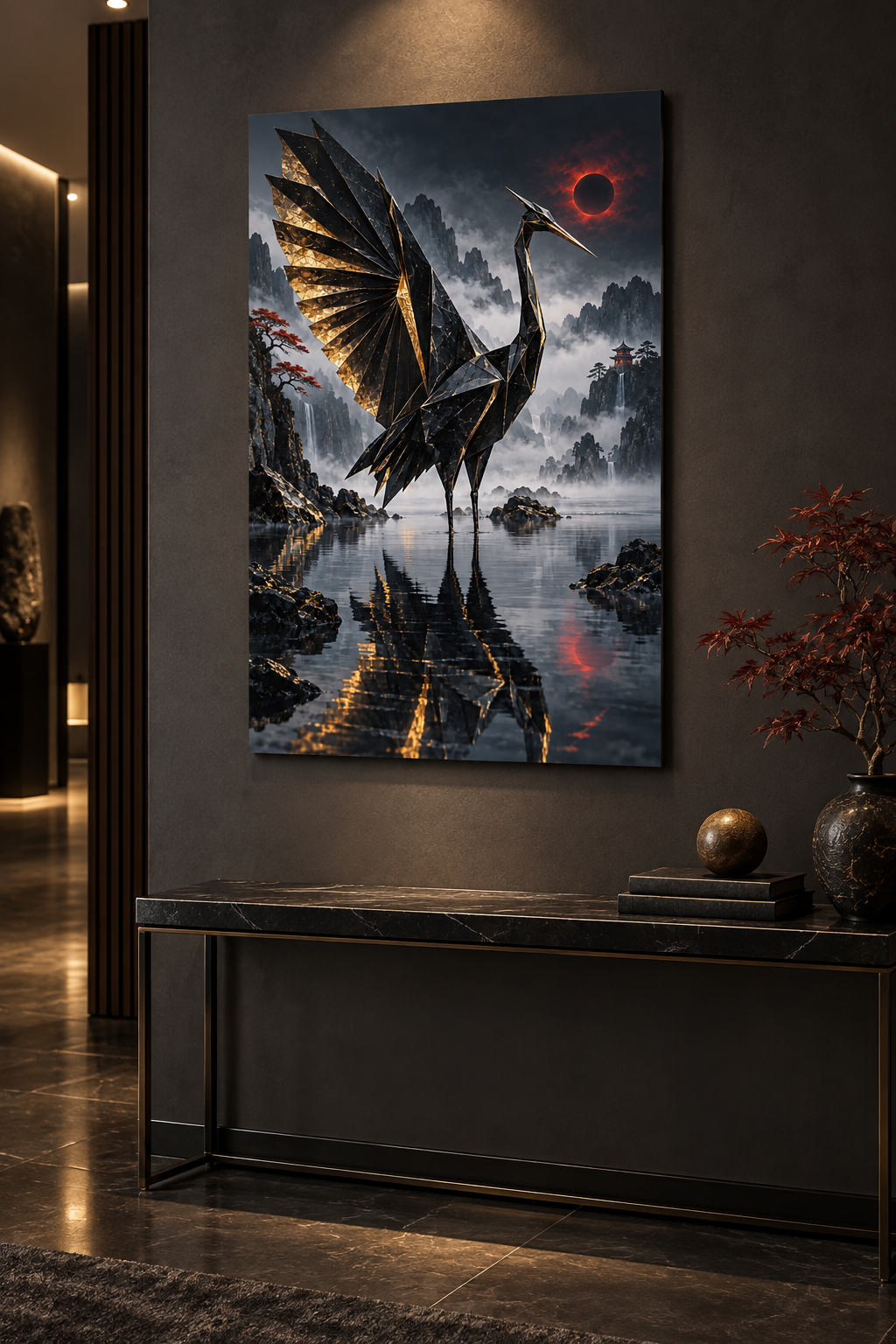 Origami-Kranich in Schwarz und Gold – Alu-Dibond Wandbild