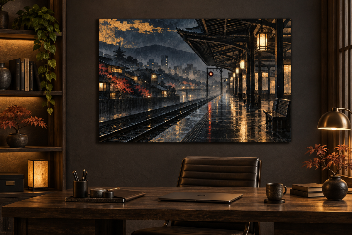 Bahnsteig im Regen bei Nacht – Alu-Dibond Wandbild Japan