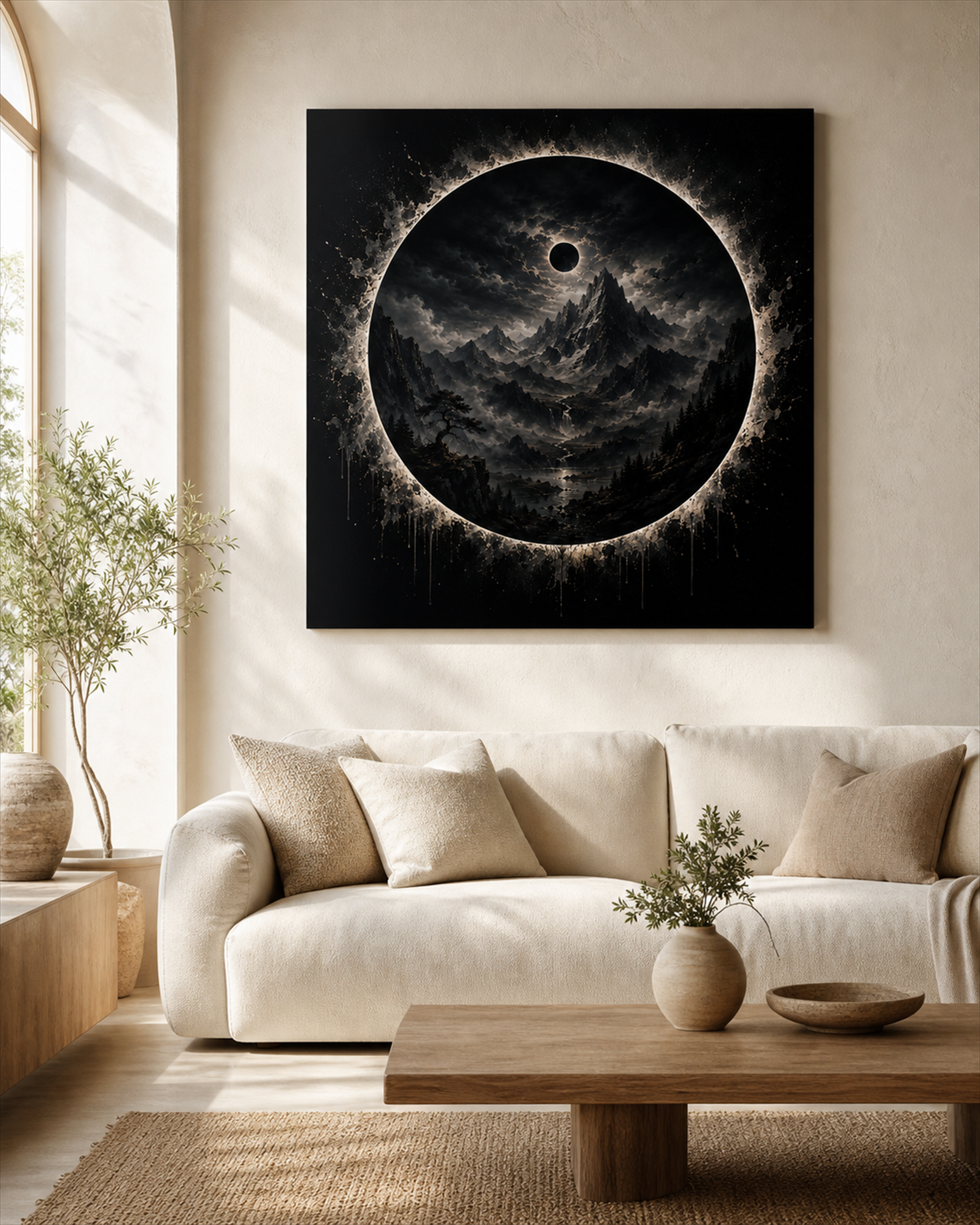 Schwarze Sonne über Bergwelt | Dunkles Alu-Dibond Wandbild