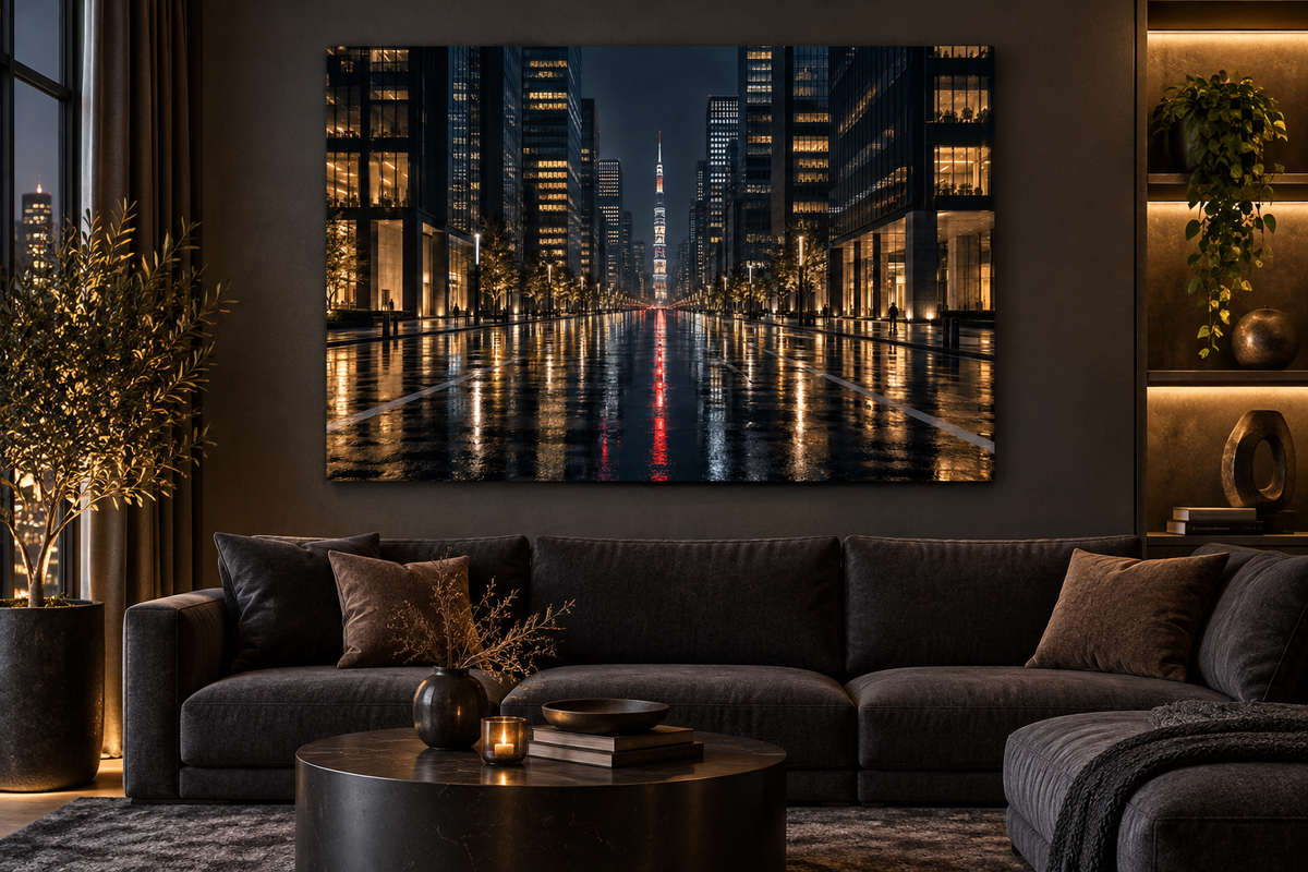 Nächtliche Allee mit Turm – Alu-Dibond Wandbild Stadt