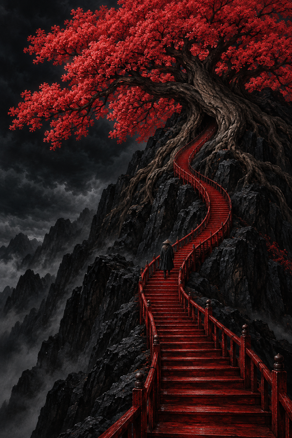 Rote Treppe zum blühenden Baum – Alu-Dibond Wandbild