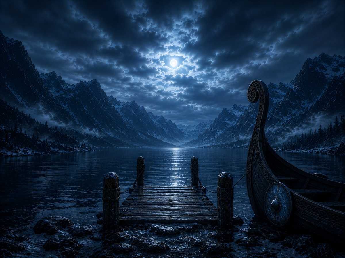 Steg im Mondlicht mit Drachenschiff – Alu-Dibond Wandbild