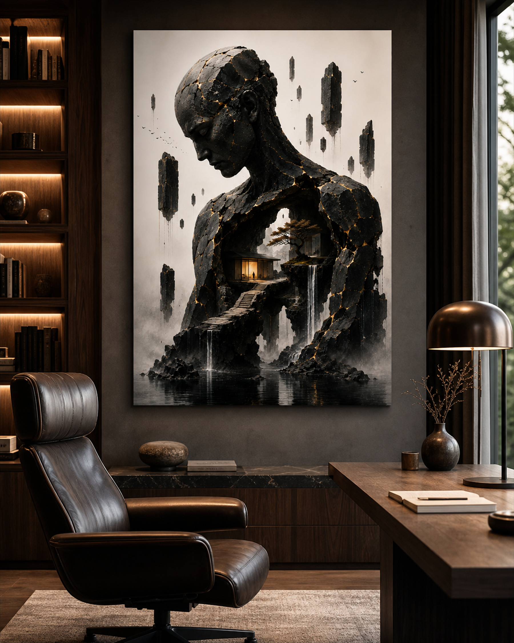 Kintsugi Figur mit innerer Landschaft | Surreales Alu-Dibond Wandbild