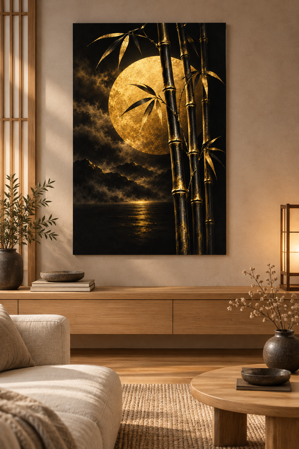 Bambus vor goldenem Mond – Alu-Dibond Wandbild Hochformat