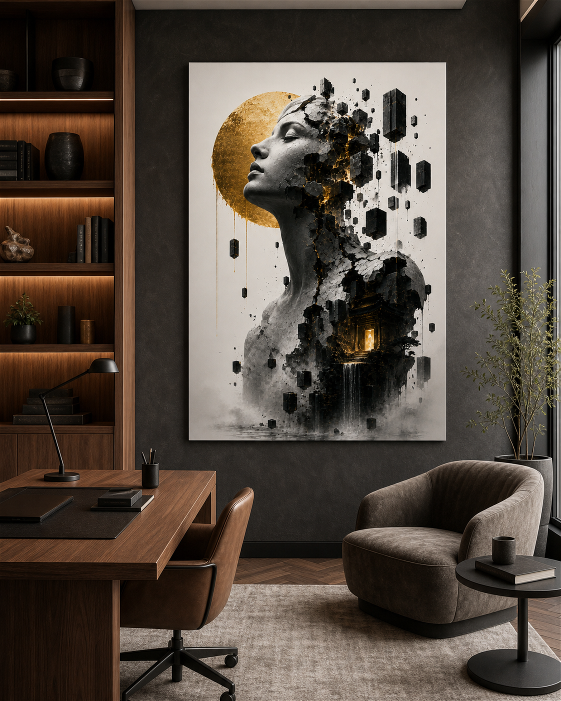 Kintsugi Frau mit japanischem Tempel | Alu-Dibond Wandbild