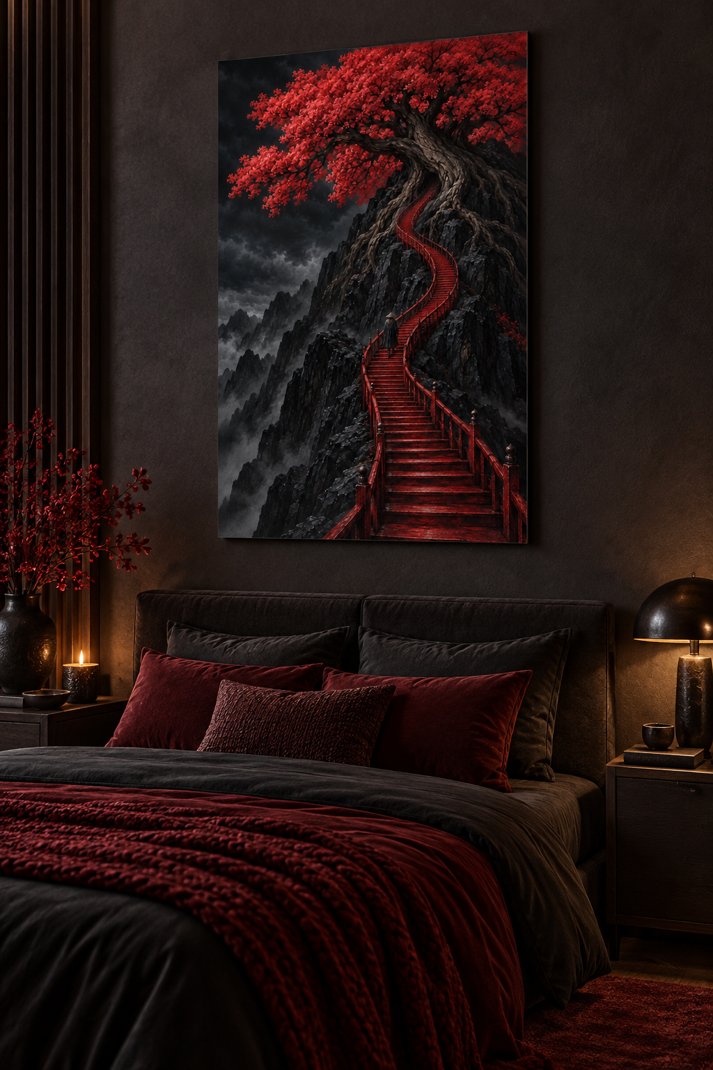 Rote Treppe zum blühenden Baum – Alu-Dibond Wandbild
