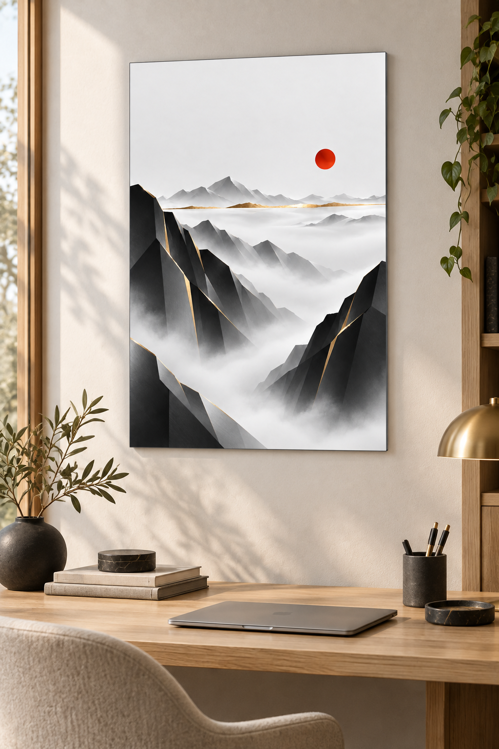 Berge im Nebel mit roter Sonne – Alu-Dibond Wandbild