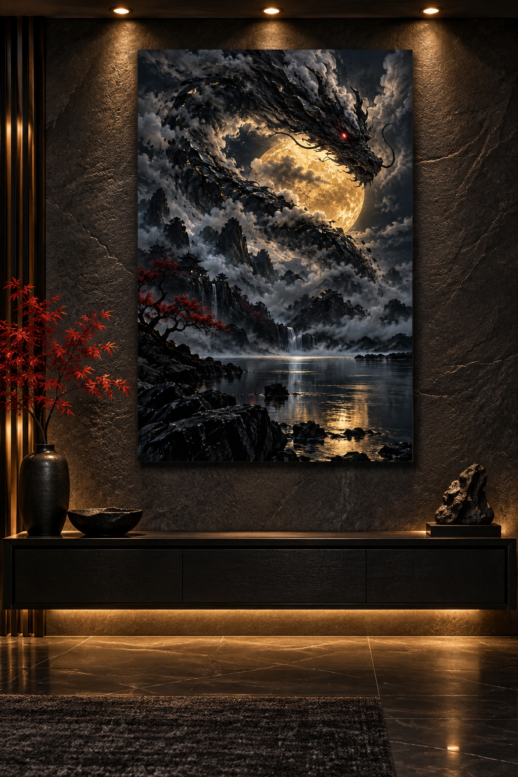 Wolkendrache vor goldenem Mond – Alu-Dibond Wandbild