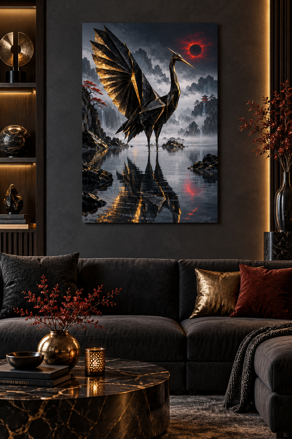 Origami-Kranich in Schwarz und Gold – Alu-Dibond Wandbild