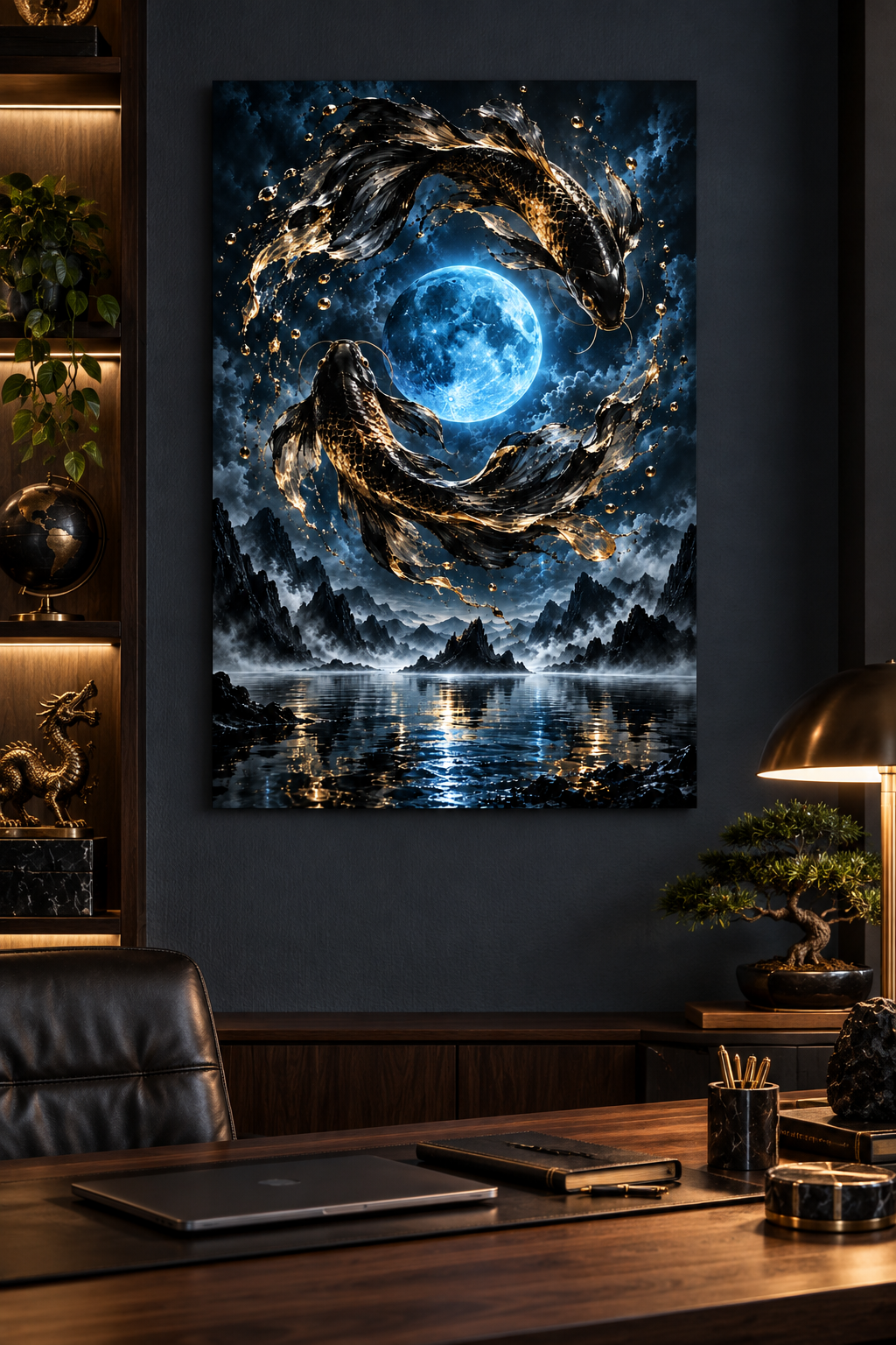Koi um den blauen Mond – Alu-Dibond Wandbild Hochformat