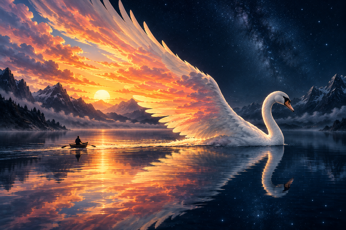 Schwan mit Flügel aus Morgenrot – Alu-Dibond Wandbild