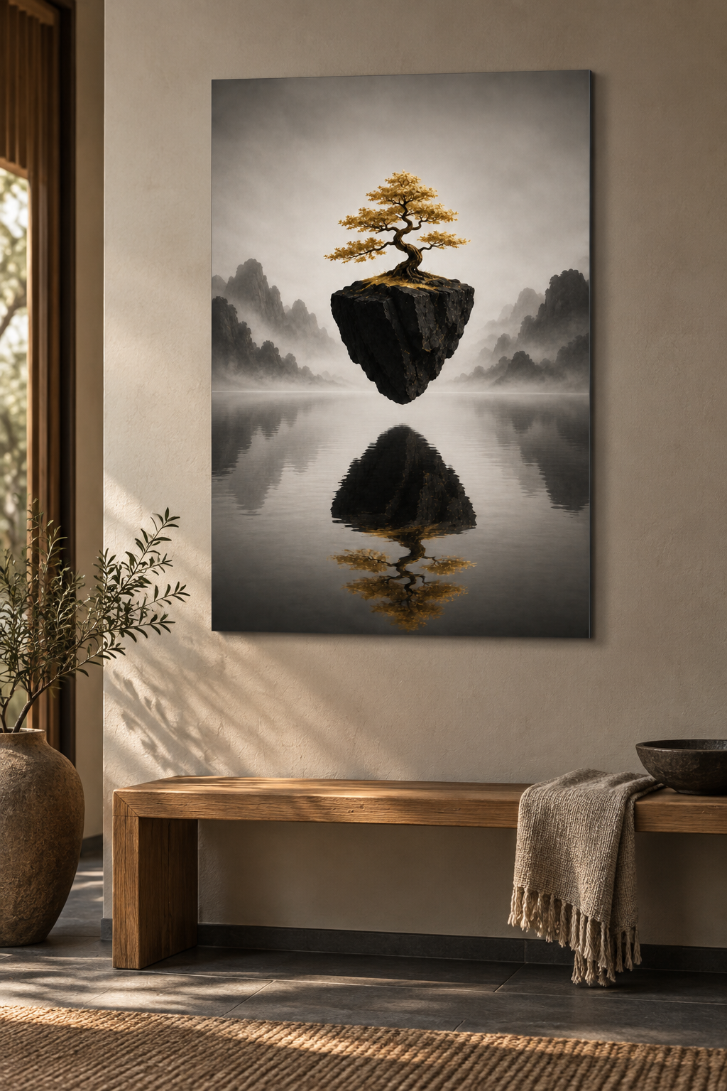 Goldener Bonsai auf schwebender Insel – Alu-Dibond Bild