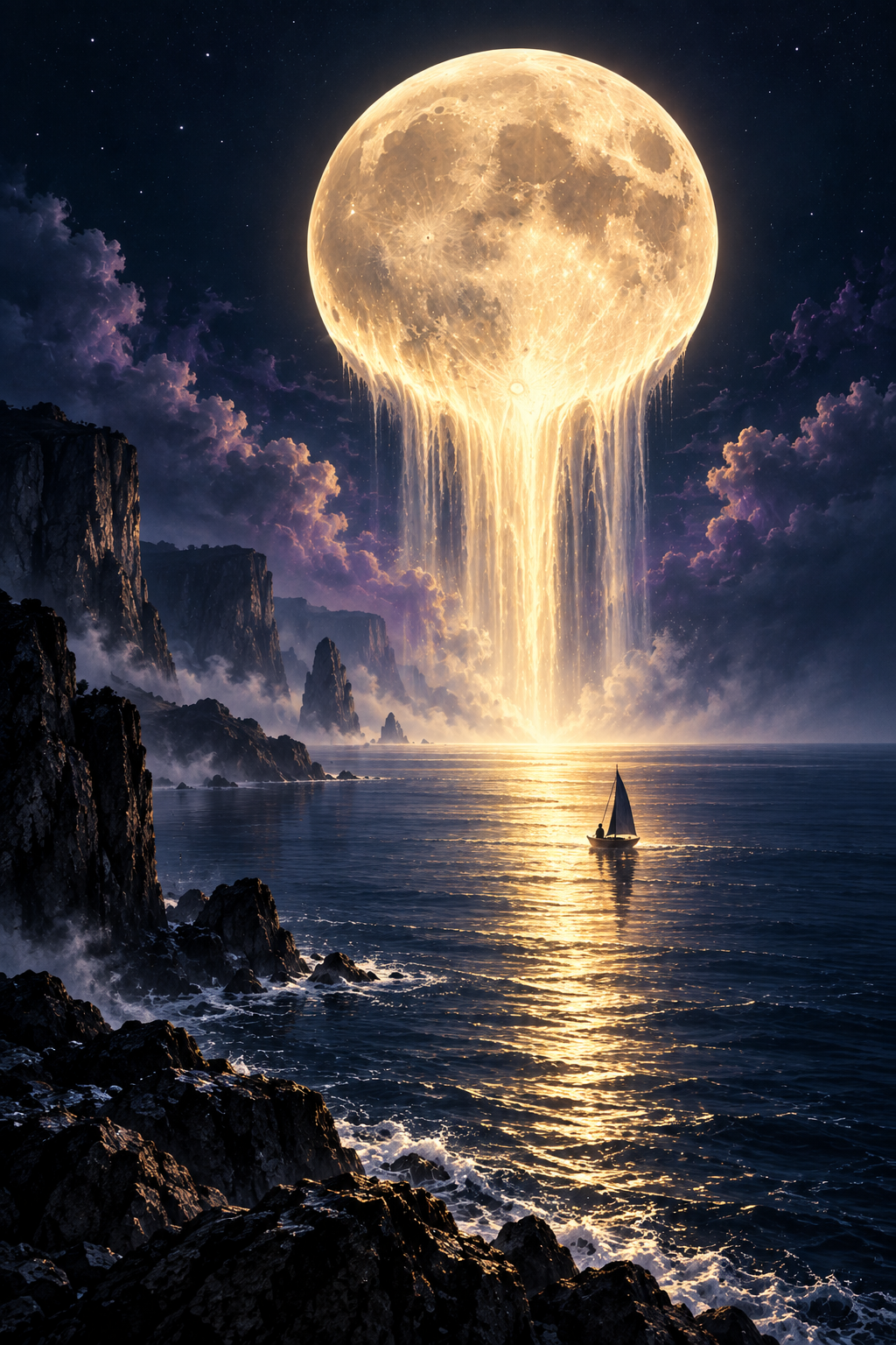 Mond fließt ins Meer – Alu-Dibond Wandbild Hochformat
