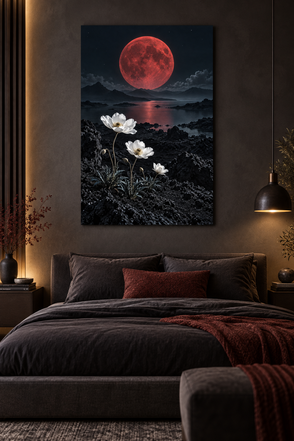 Roter Mond über weißen Blüten – Alu-Dibond Wandbild