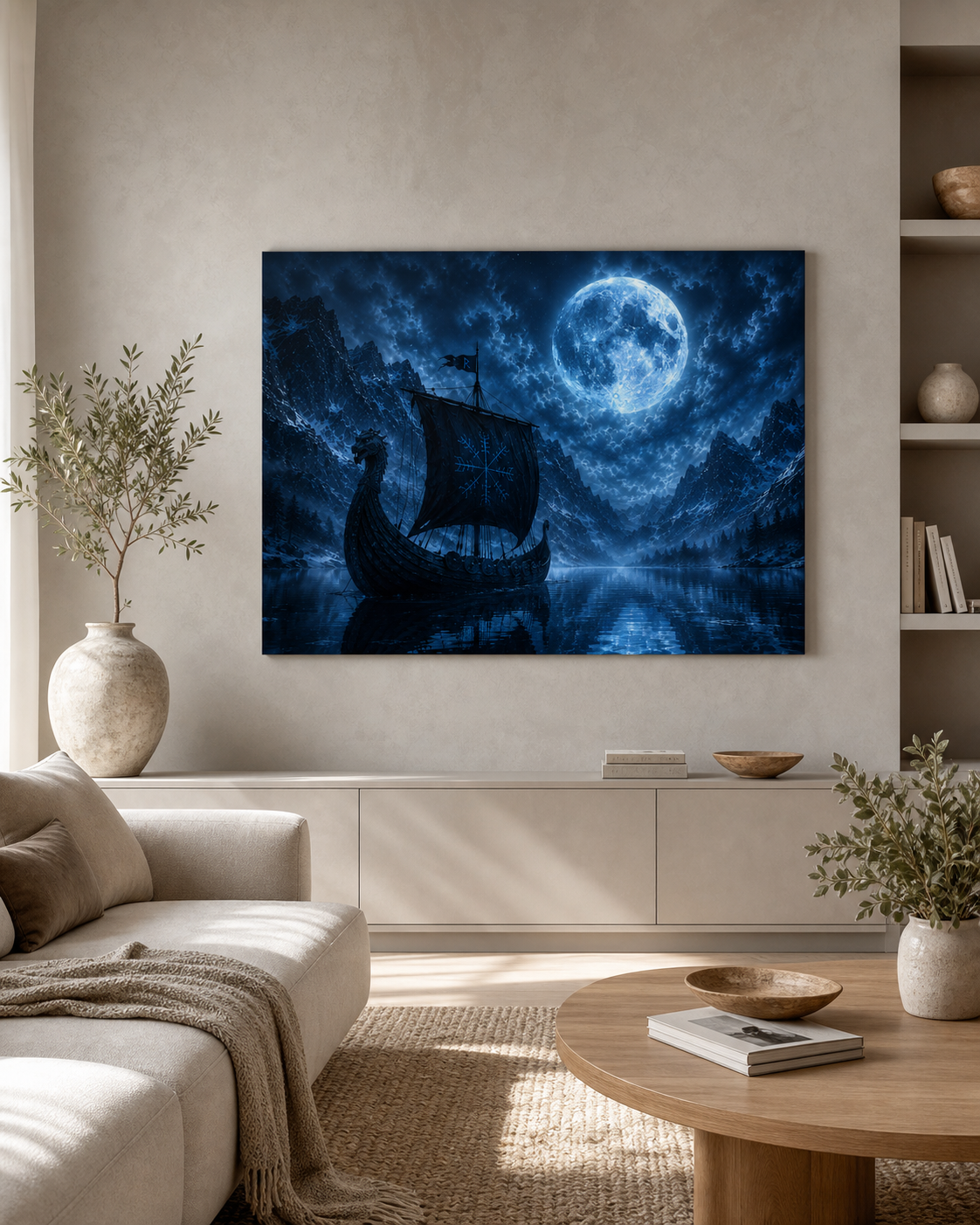 Wikingerschiff unter Vollmond | Nordisches Alu-Dibond Wandbild