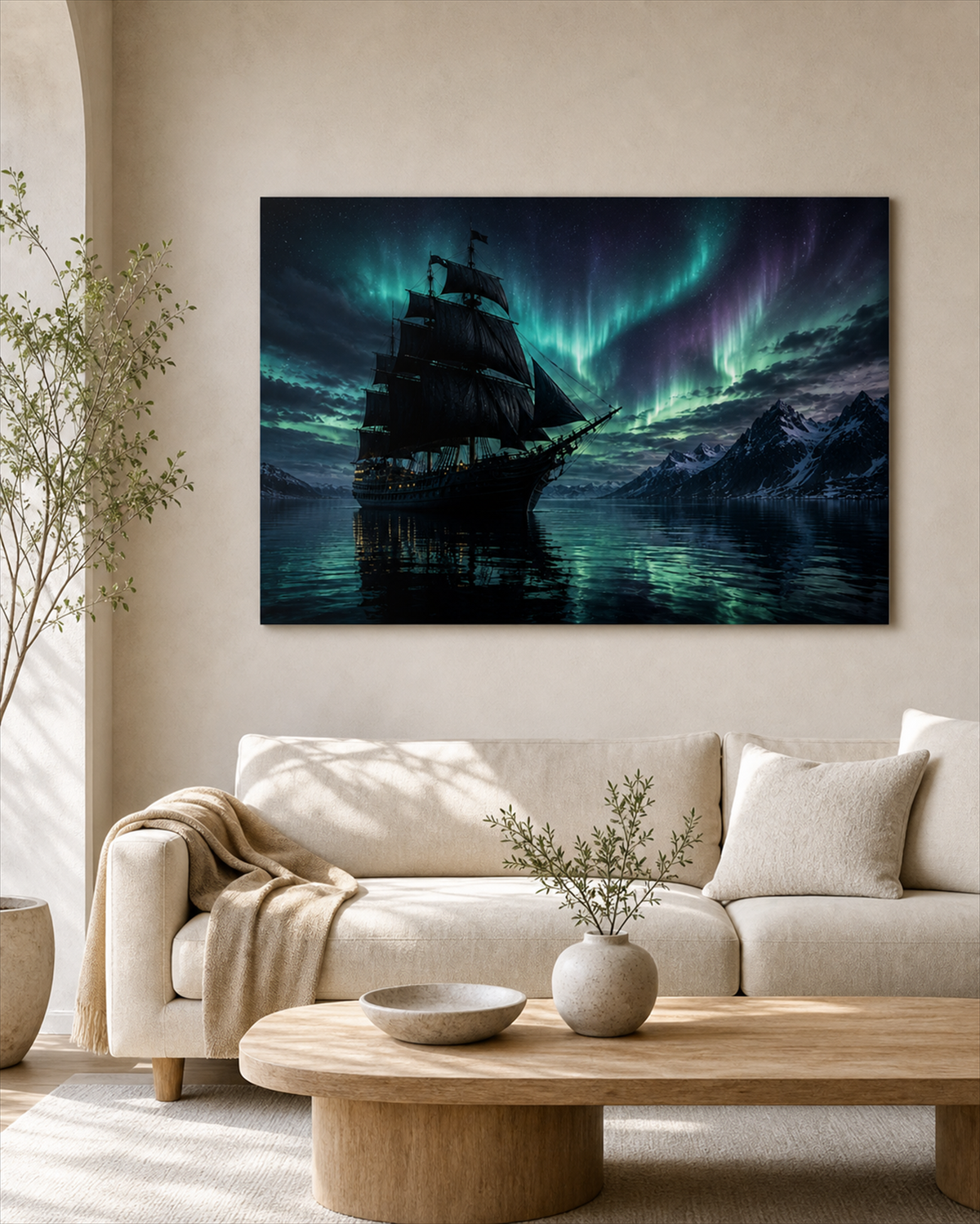 Dunkles Segelschiff unter Nordlicht | Nordisches Alu-Dibond Wandbild