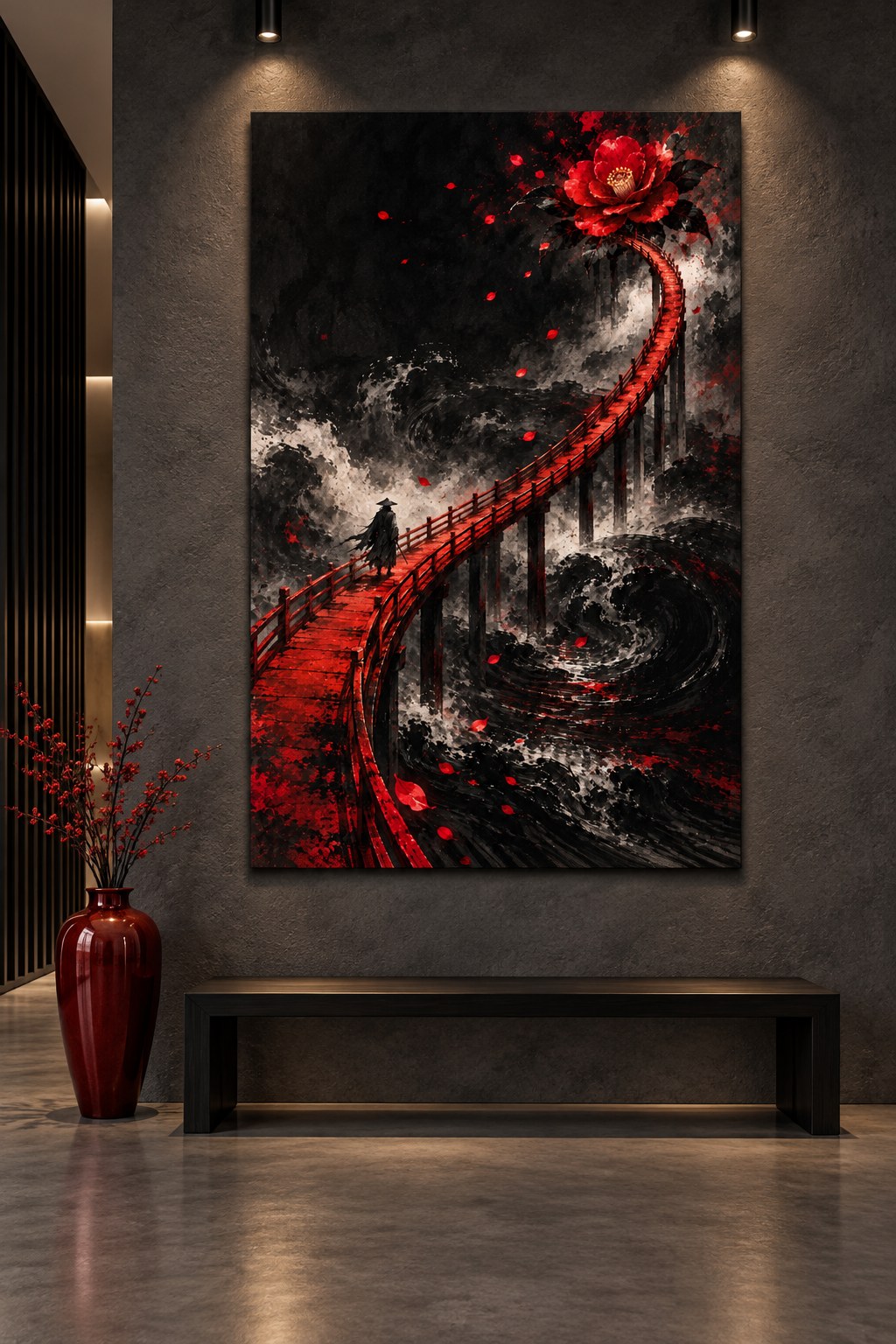 Rote Brücke ins Dunkel – Alu-Dibond Wandbild Hochformat