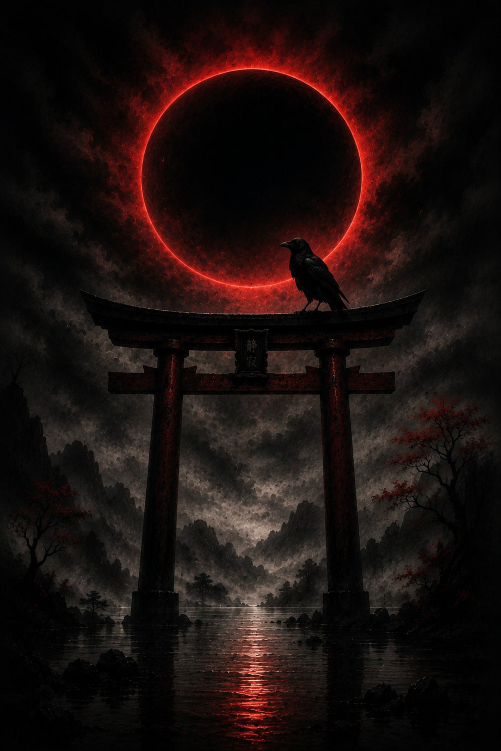 Torii-Tor bei Nacht mit Krähe | Blutmond auf Alu-Dibond
