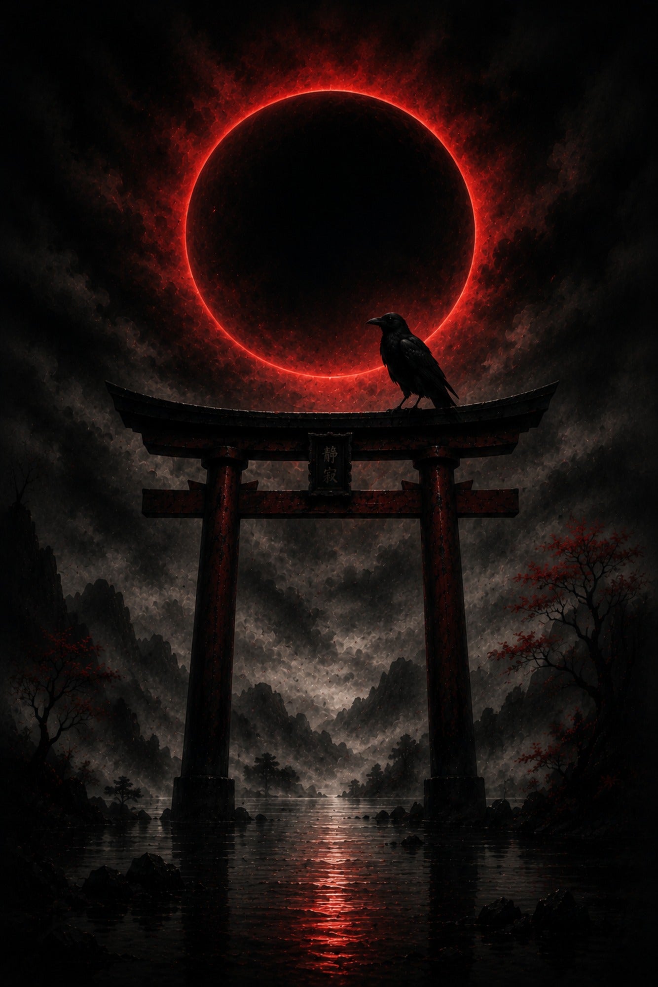 Torii-Tor bei Nacht mit Krähe | Blutmond auf Alu-Dibond