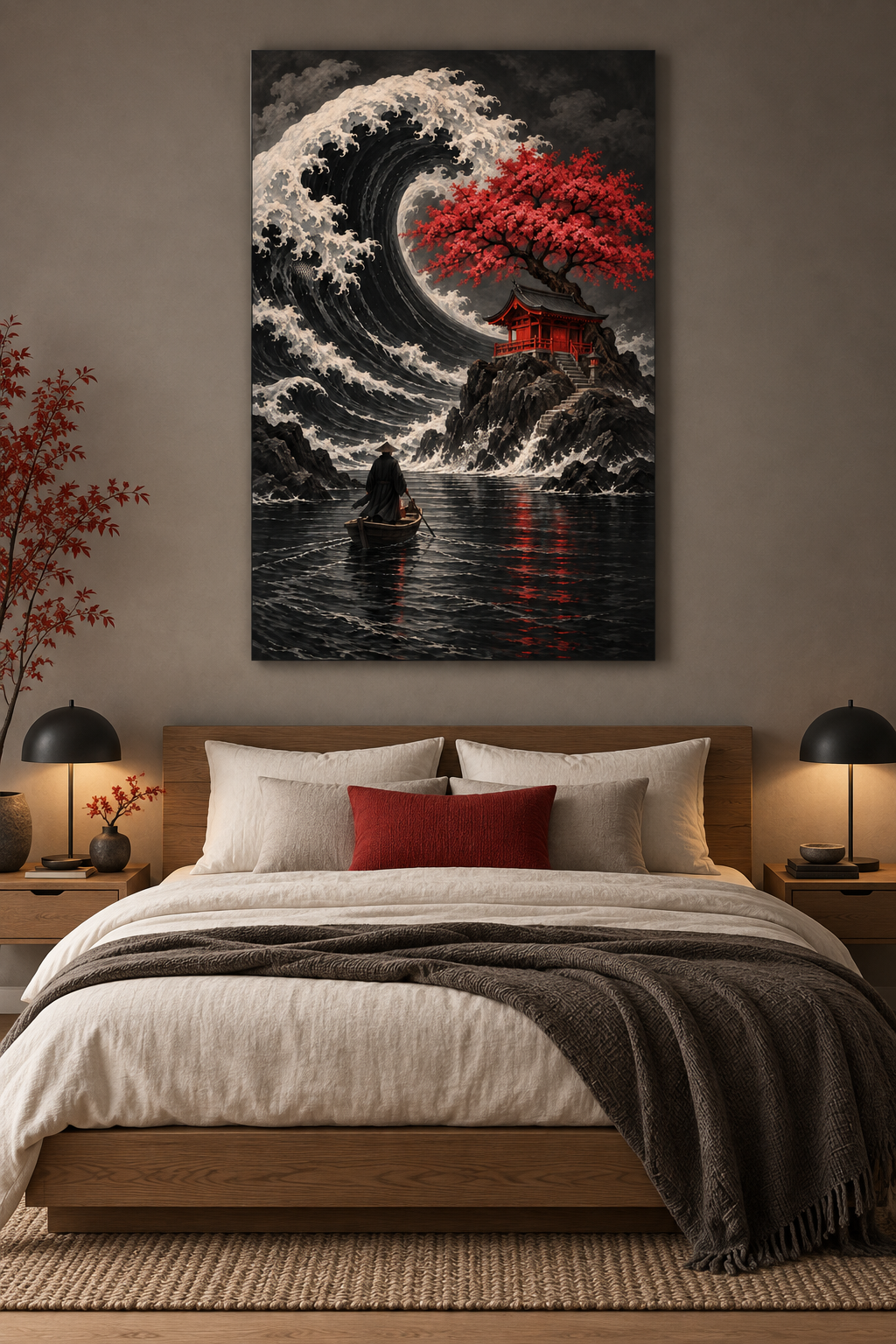 Welle und roter Schrein – Alu-Dibond Wandbild Hochformat
