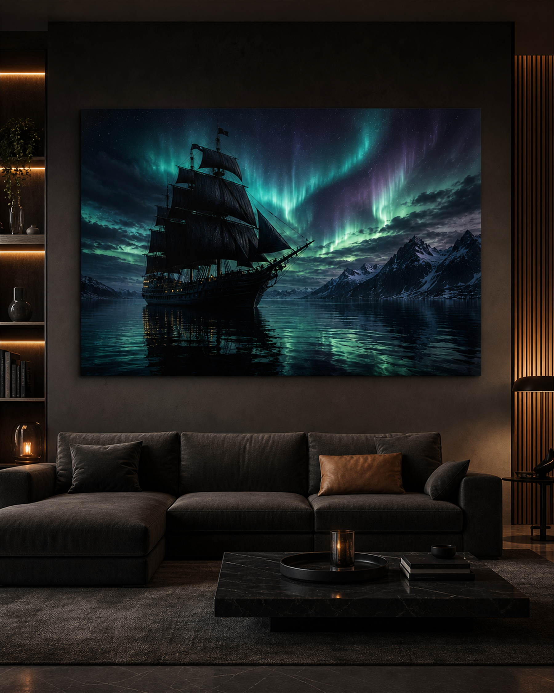 Dunkles Segelschiff unter Nordlicht | Nordisches Alu-Dibond Wandbild