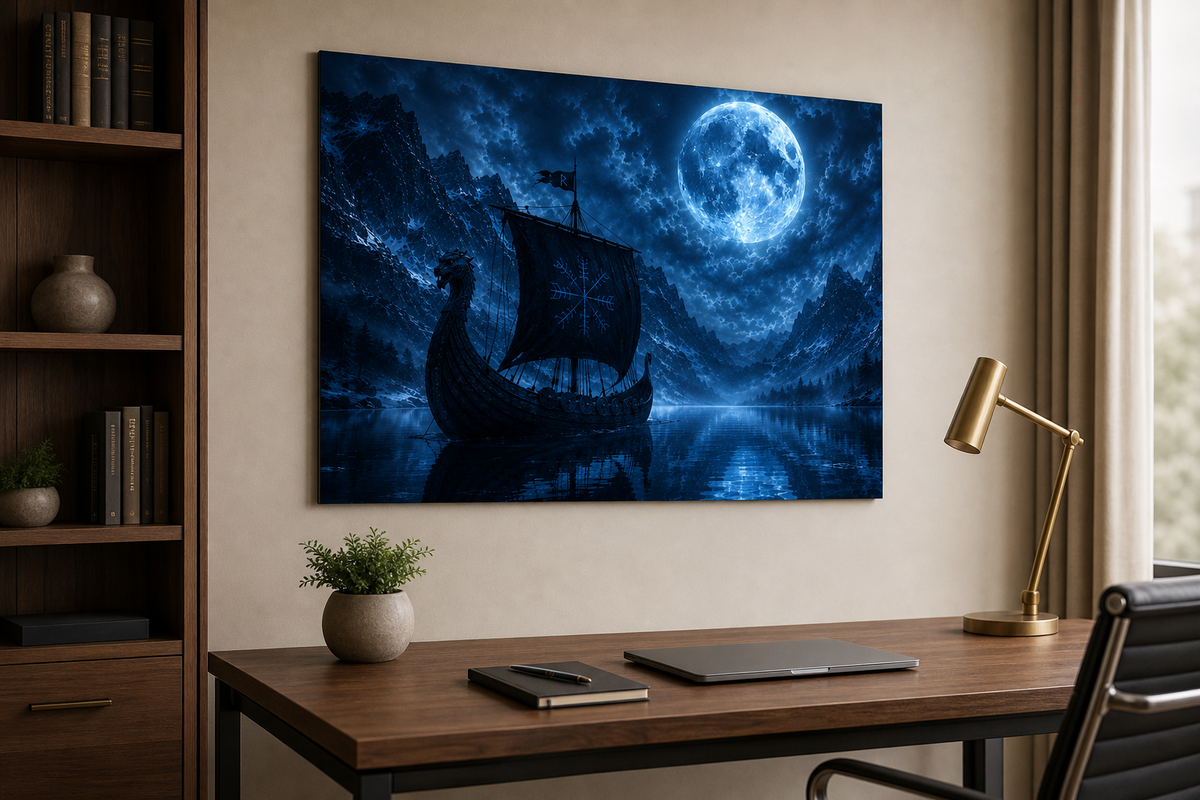Wikingerschiff unter Vollmond | Nordisches Alu-Dibond Wandbild