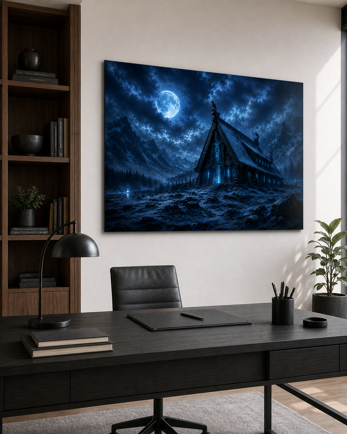 Wikinger-Langhaus Wandbild | Roter oder blauer Mond auf Alu-Dibond