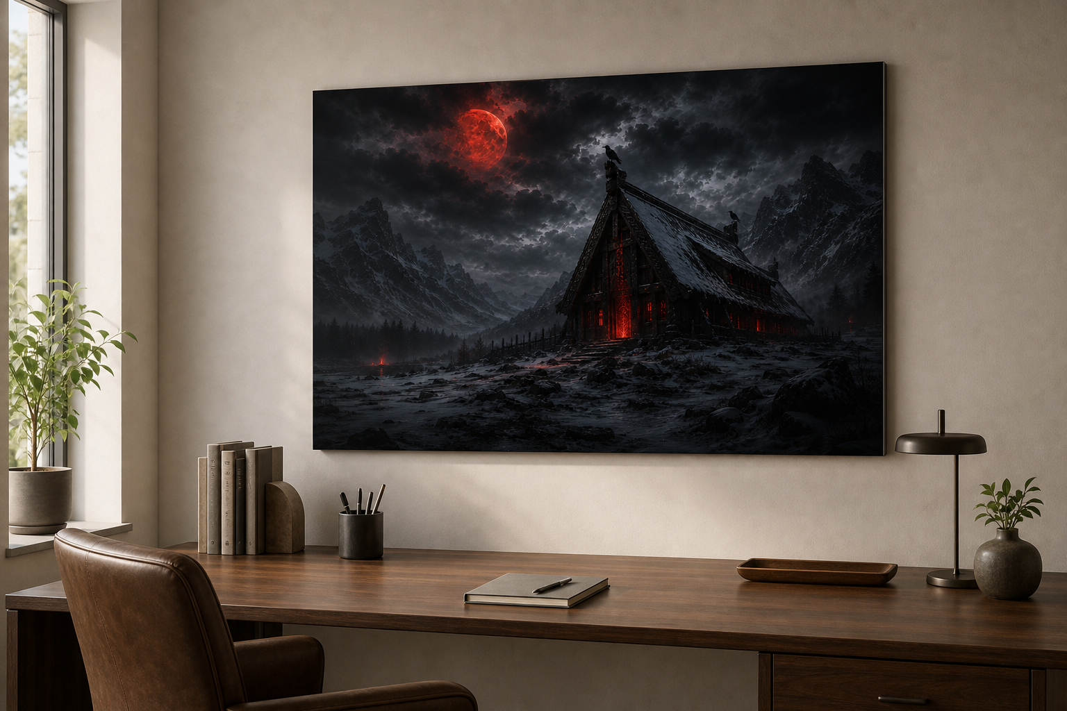 Wikinger-Langhaus Wandbild | Roter oder blauer Mond auf Alu-Dibond