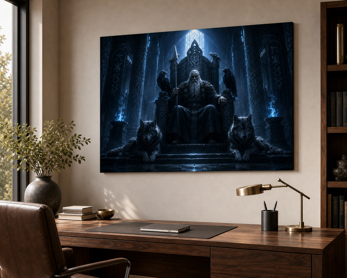 Odin Wandbild mit Raben und Wölfen | Nordische Mythologie auf Alu-Dibond