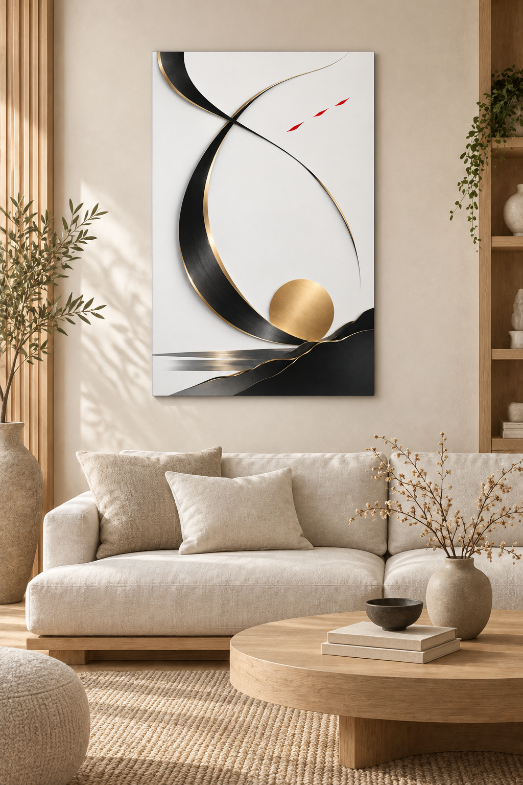 Kranich als Schwung in Schwarz und Gold – Alu-Dibond Bild
