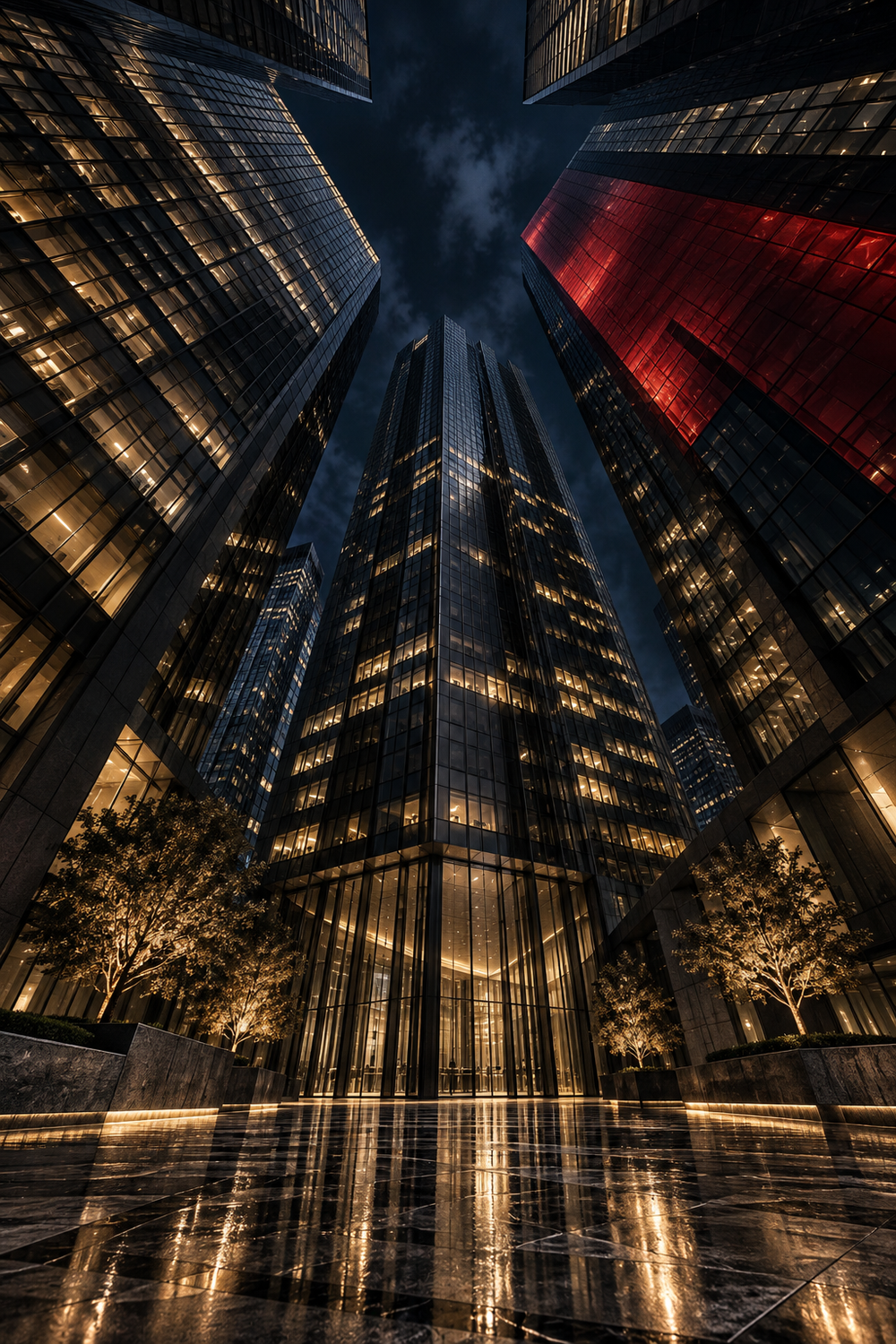Wolkenkratzer von unten – Alu-Dibond Wandbild Hochformat