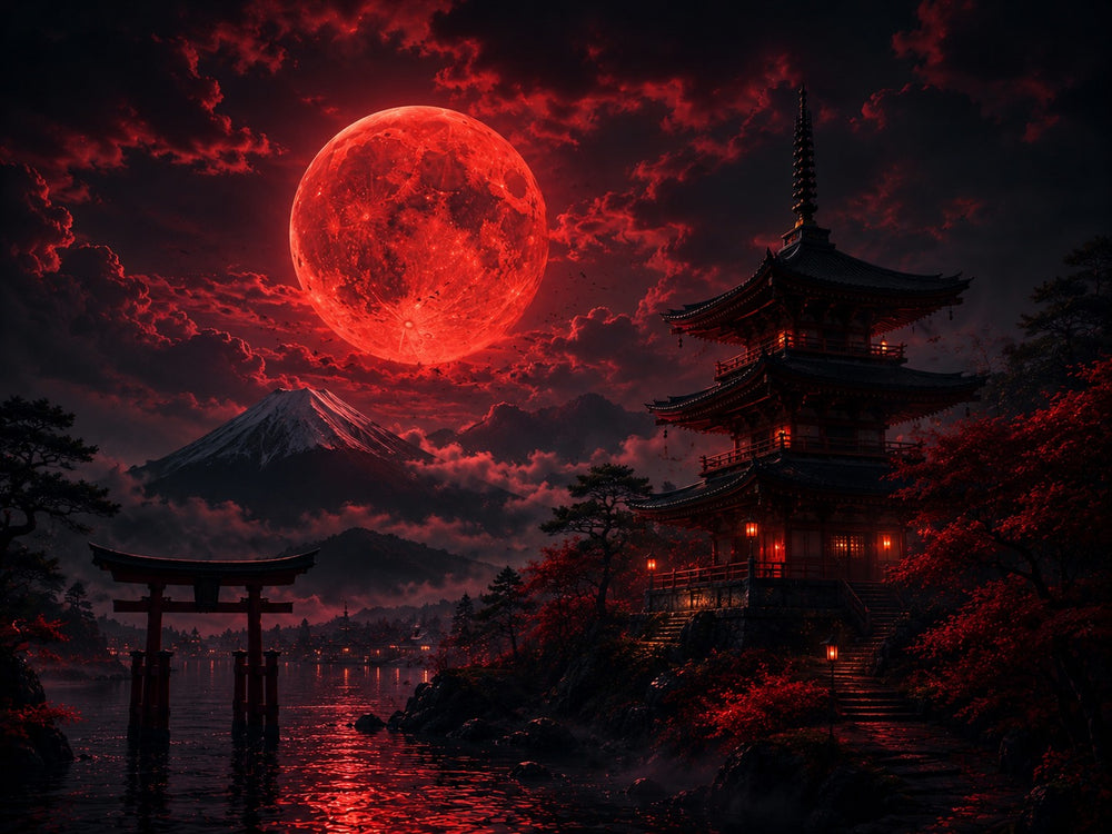 Japanischer Tempel mit Torii und Blutmond | Alu-Dibond